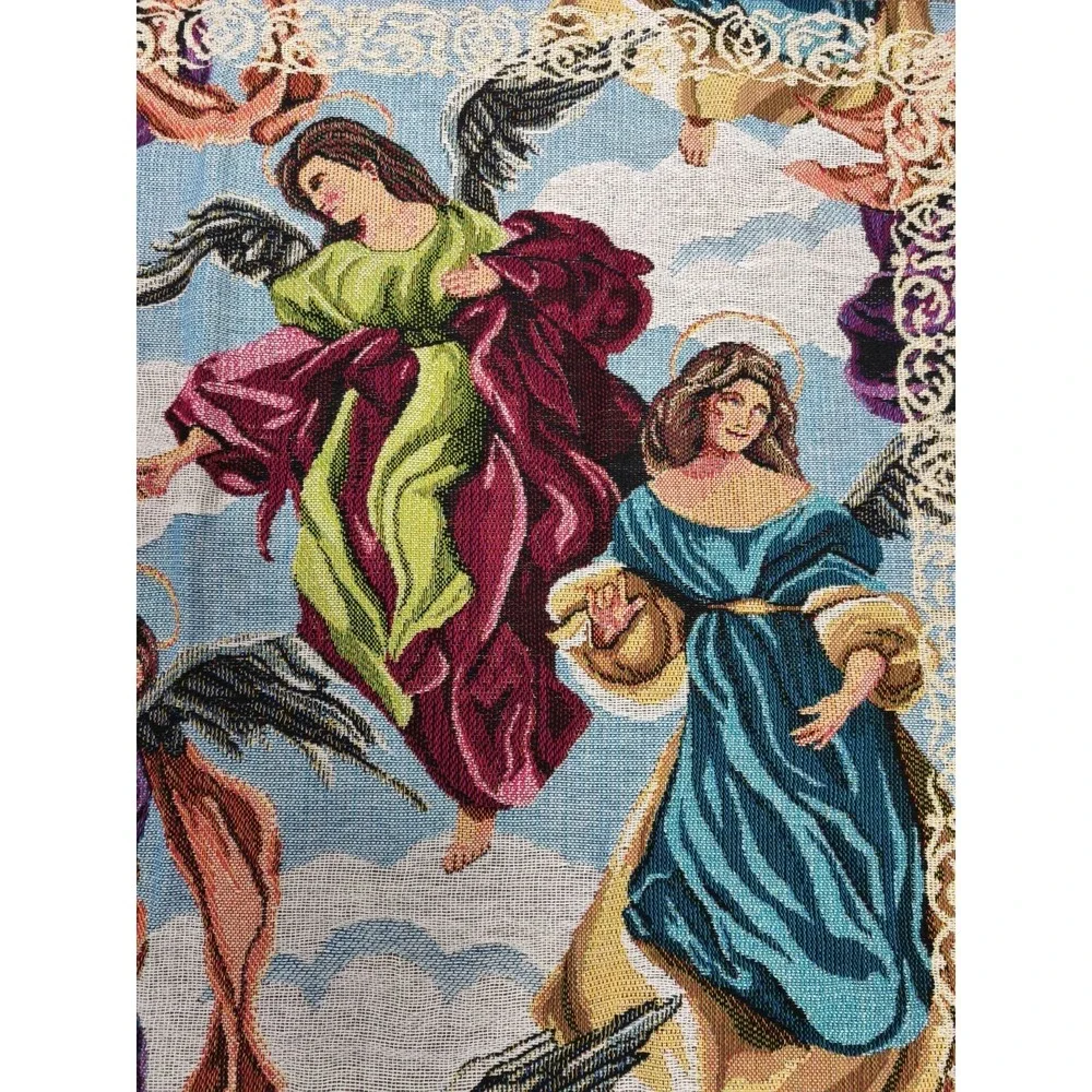 Vintage Angel Tapestry Throw Blanket Woven Fringe Religious Christian 54x46